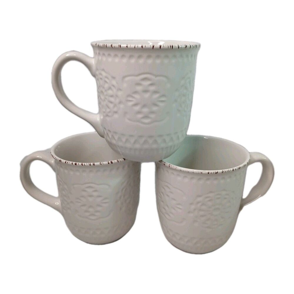 Pfaltzgraff Chateau 3 Coffee Mugs Tea Cups Off White Impressed Boho Design